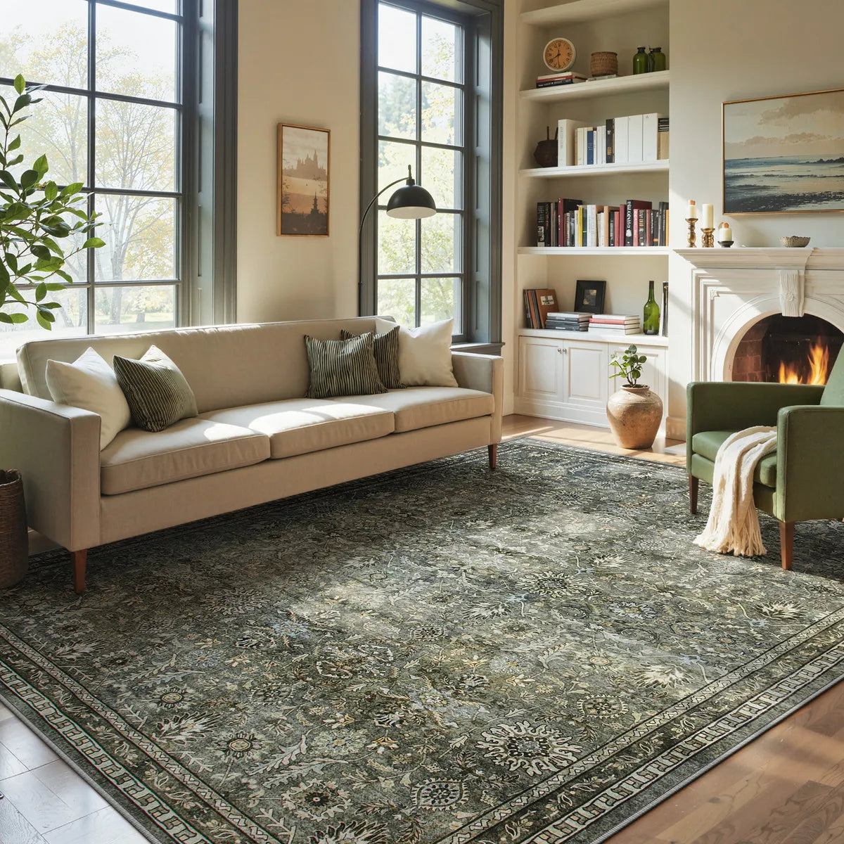 Mirae Washable Vintage Persian Dark Green Rug