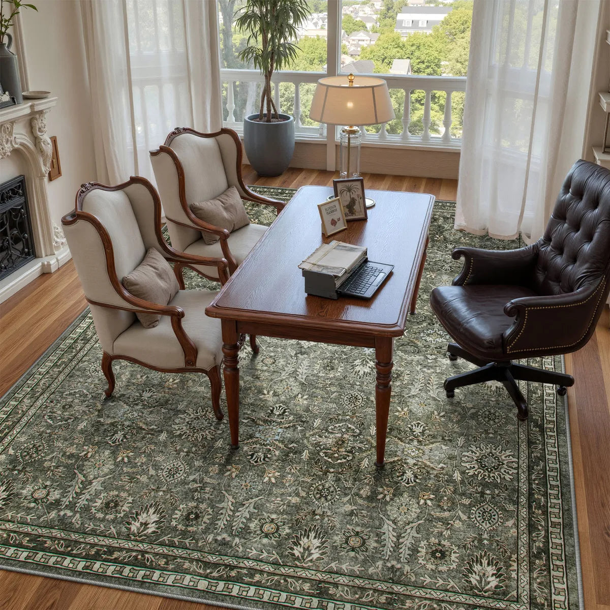 Mirae Washable Vintage Persian Dark Green Rug