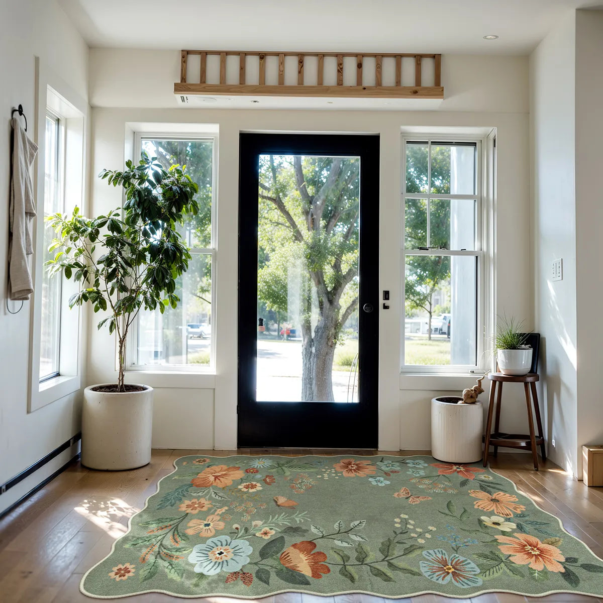 Flore Washable Boho Modern Parisian Floral Scalloped Green Rug