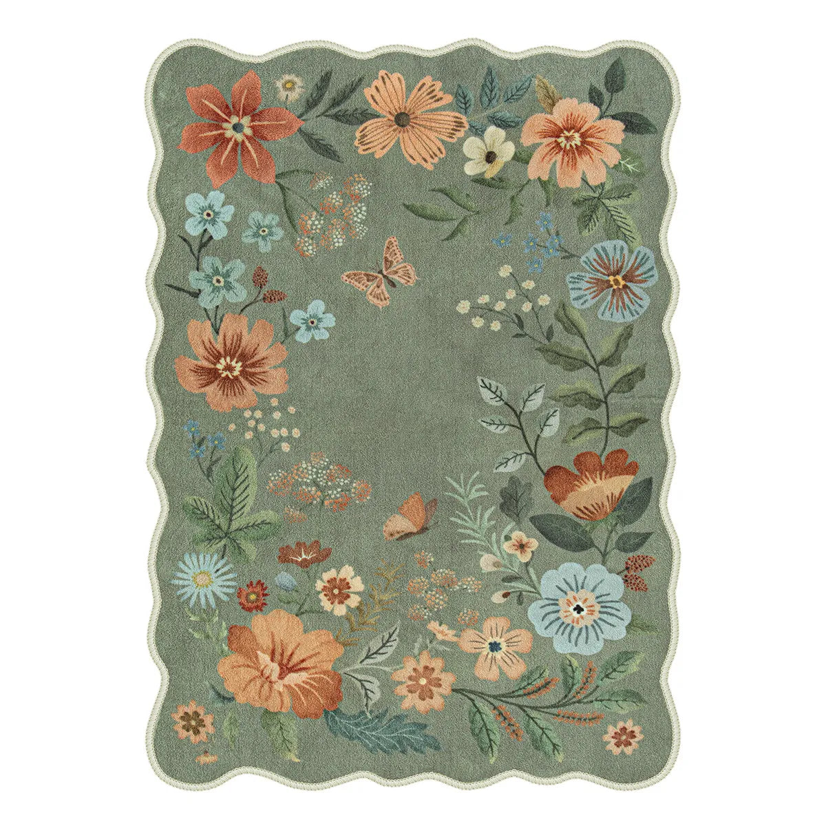 Flore Washable Boho Modern Parisian Floral Scalloped Green Rug