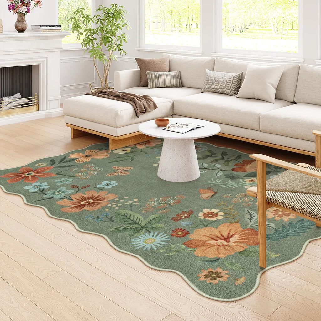 Flore Washable Boho Modern Parisian Floral Scalloped Green Rug
