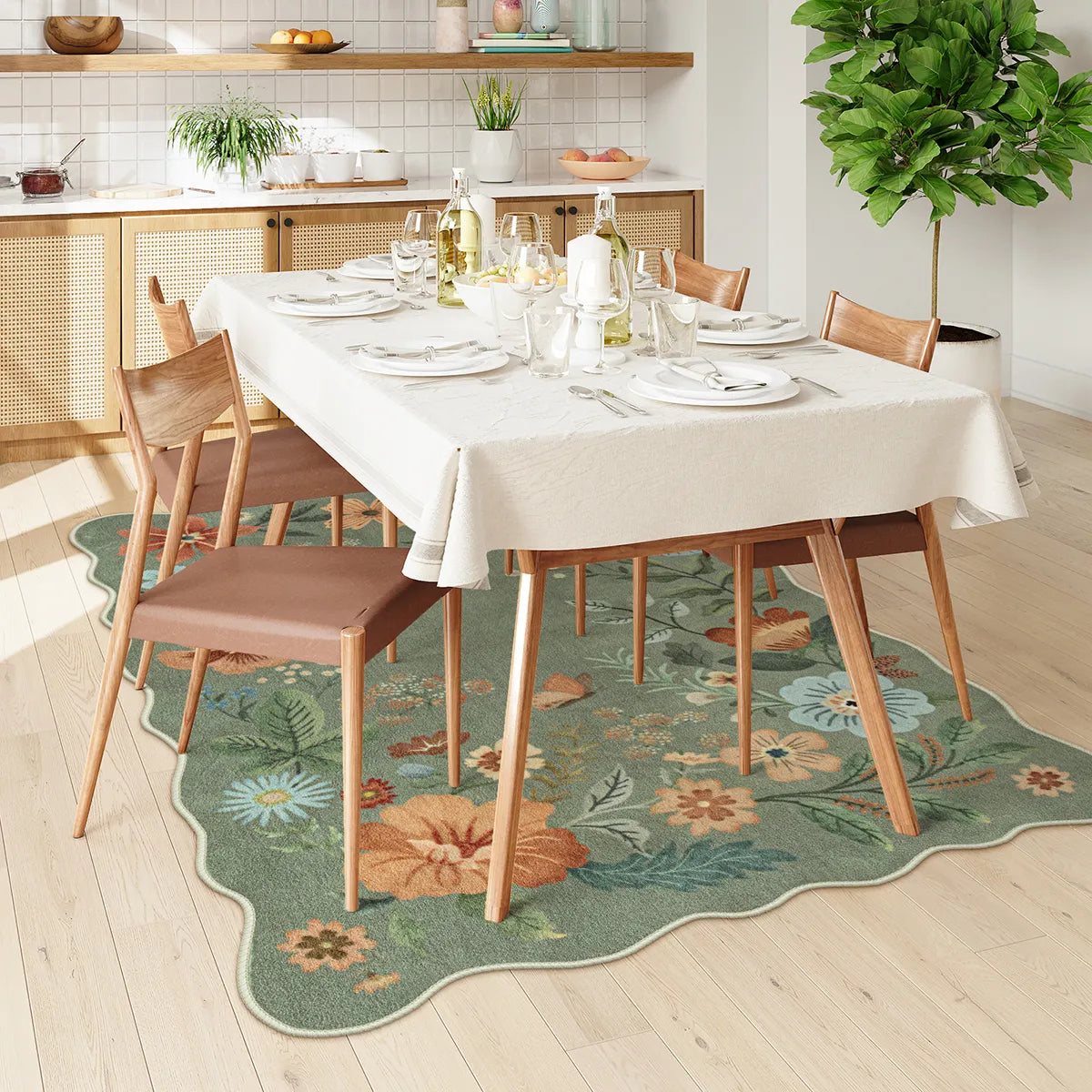 Flore Washable Boho Modern Parisian Floral Scalloped Green Rug