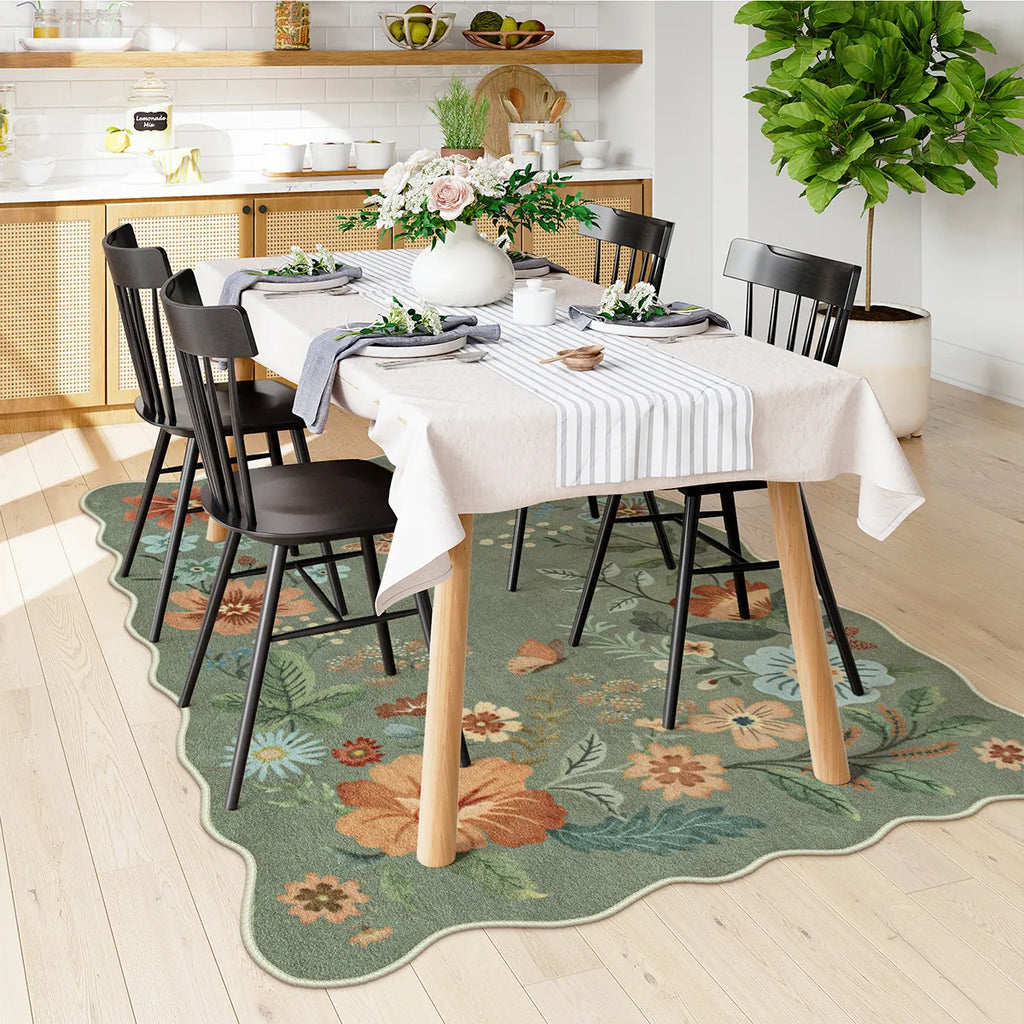 Flore Washable Boho Modern Parisian Floral Scalloped Green Rug