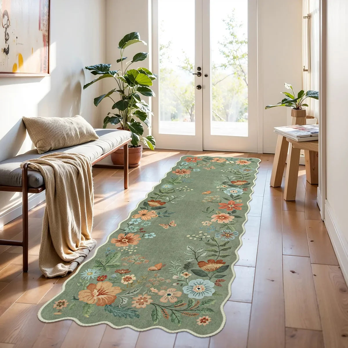 Flore Washable Boho Modern Parisian Floral Scalloped Green Rug