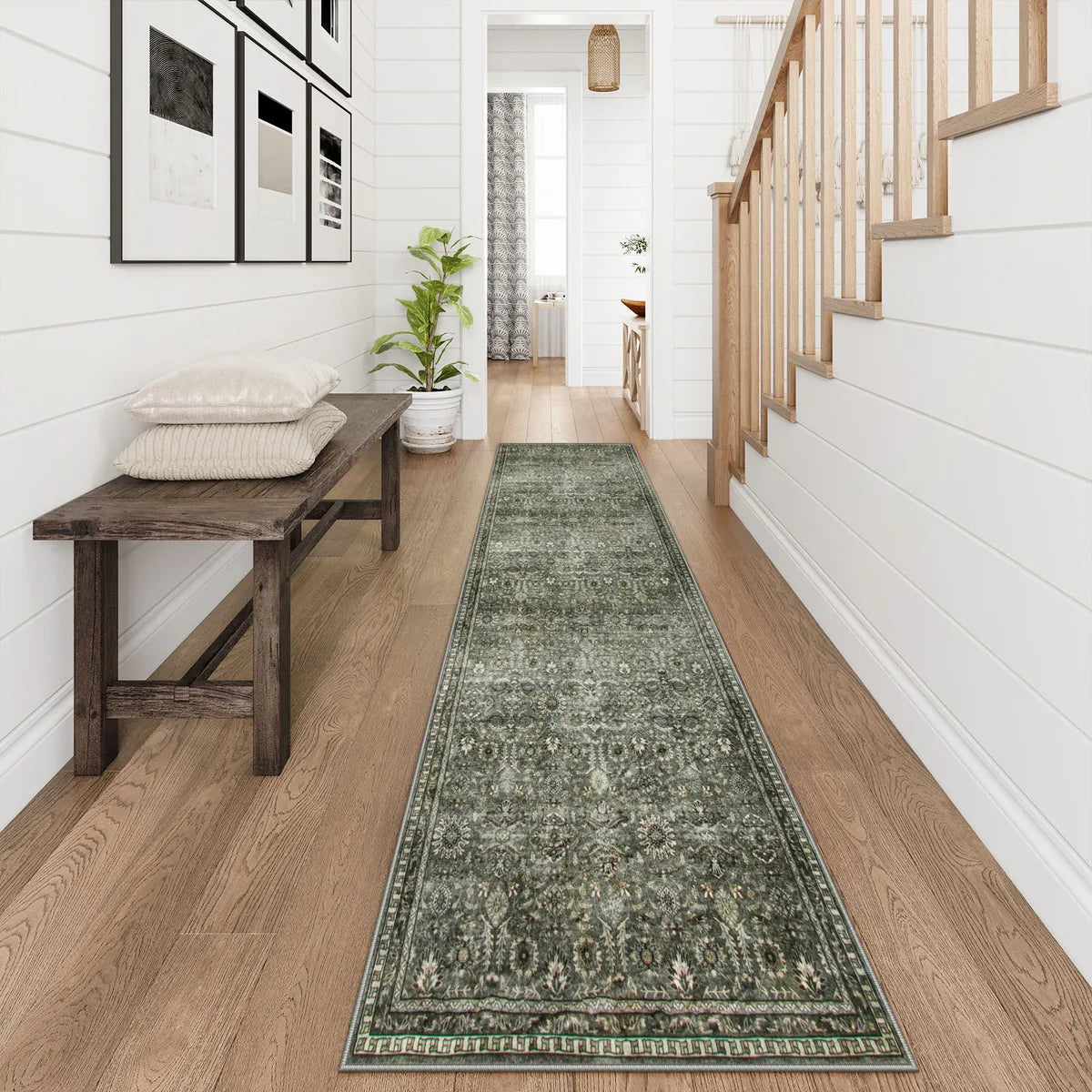 Mirae Washable Vintage Persian Dark Green Rug