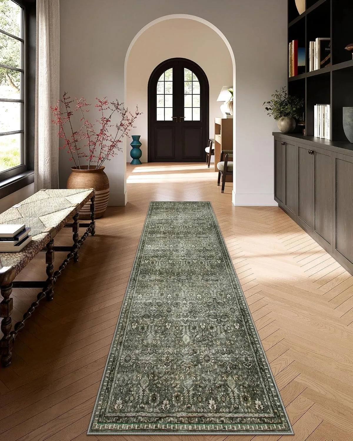 Mirae Washable Vintage Persian Dark Green Rug