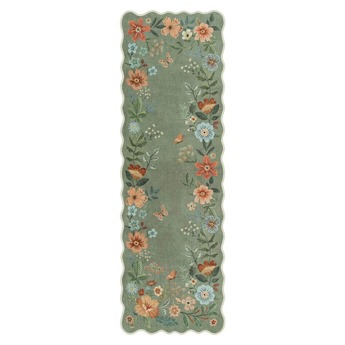 Flore Washable Boho Modern Parisian Floral Scalloped Green Rug