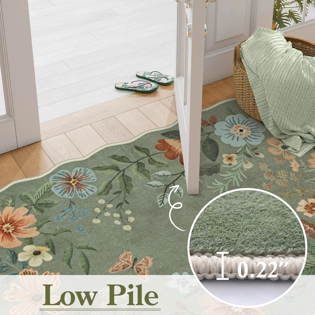 Flore Washable Boho Modern Parisian Floral Scalloped Green Rug