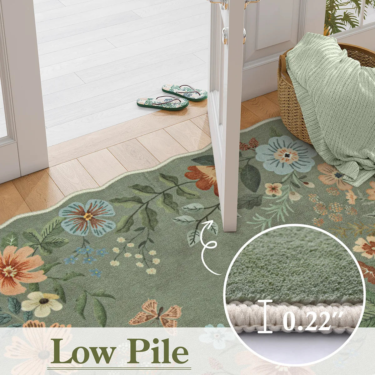 Flore Washable Boho Modern Parisian Floral Scalloped Green Rug