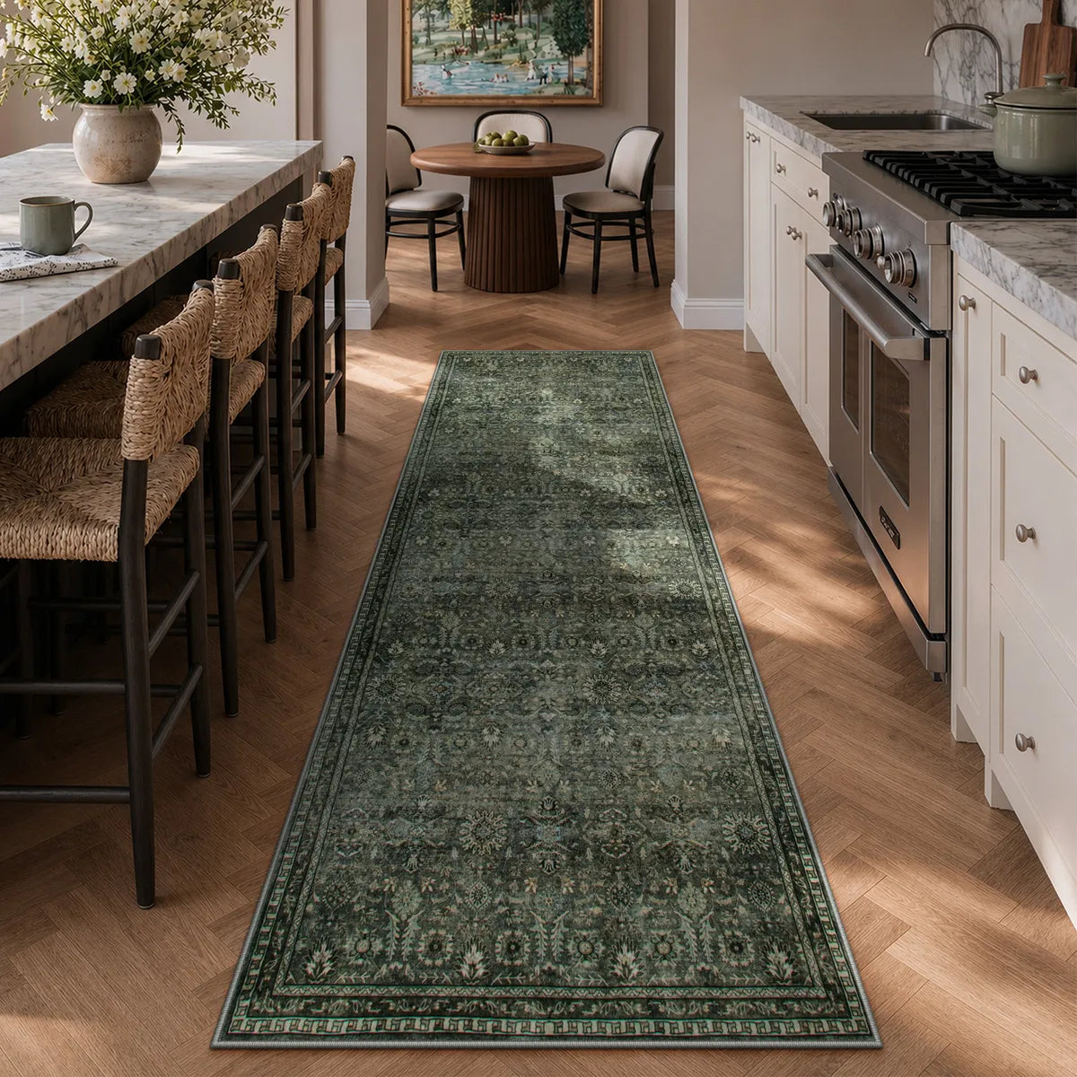 Mirae Washable Vintage Persian Dark Green Rug