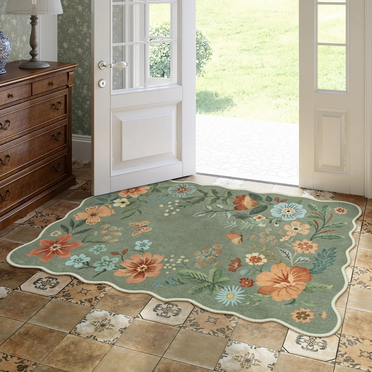 Flore Washable Boho Modern Parisian Floral Scalloped Green Rug