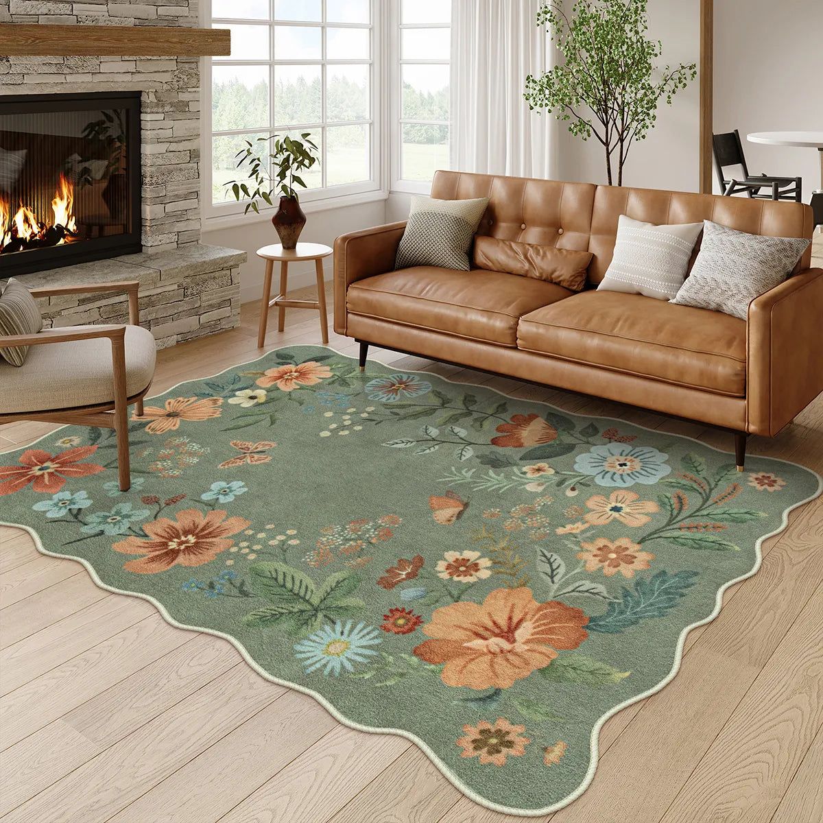 Flore Washable Boho Modern Parisian Floral Scalloped Green Rug