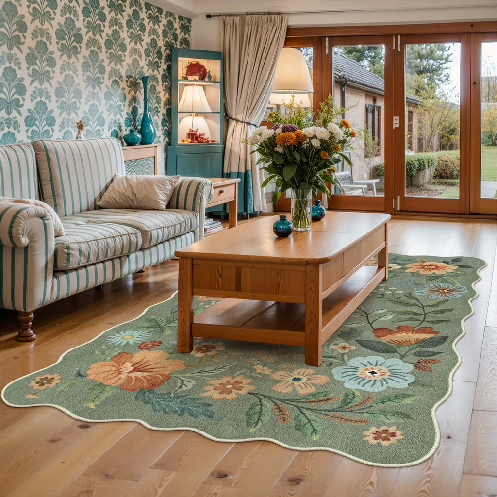 Flore Washable Boho Modern Parisian Floral Scalloped Green Rug