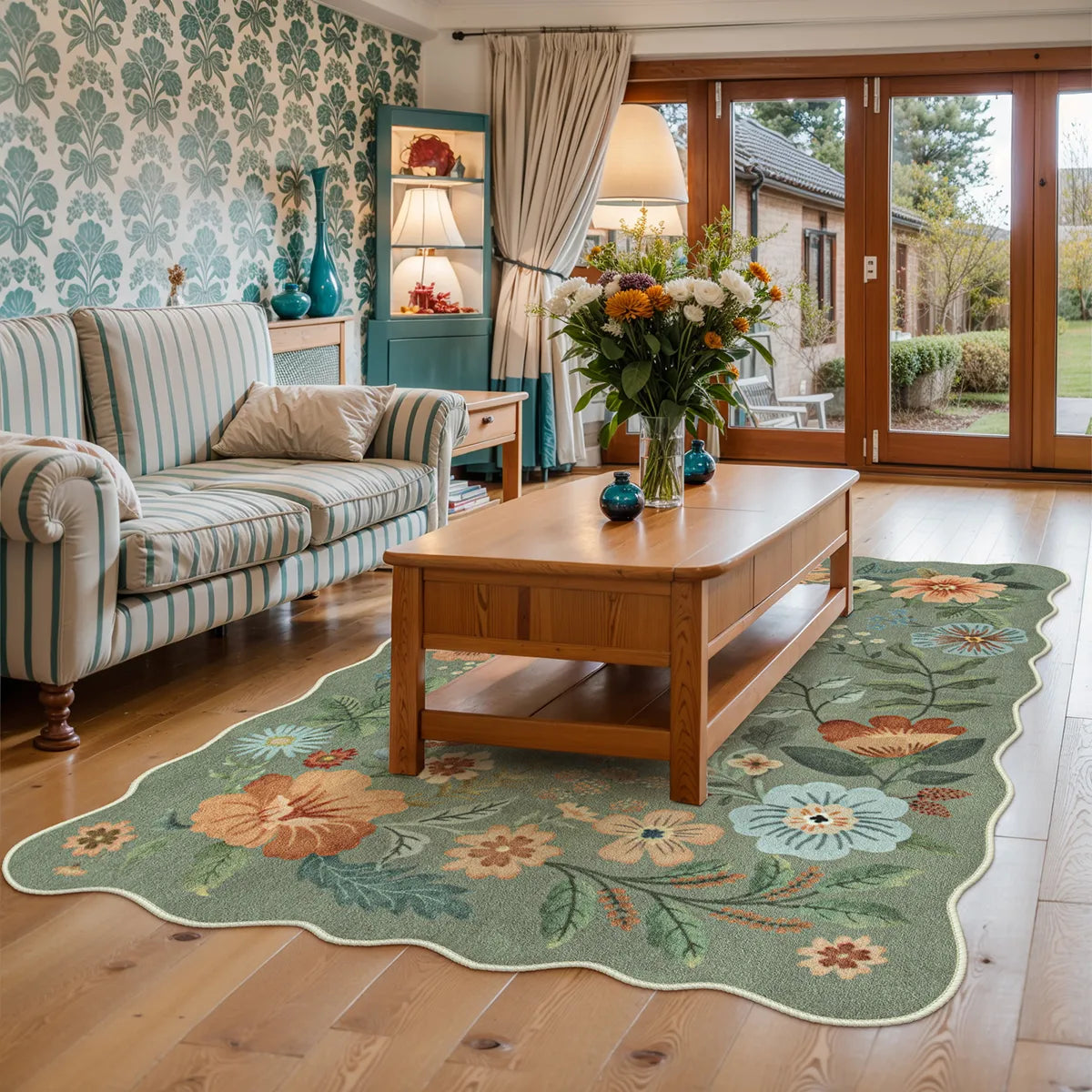 Flore Washable Boho Modern Parisian Floral Scalloped Green Rug