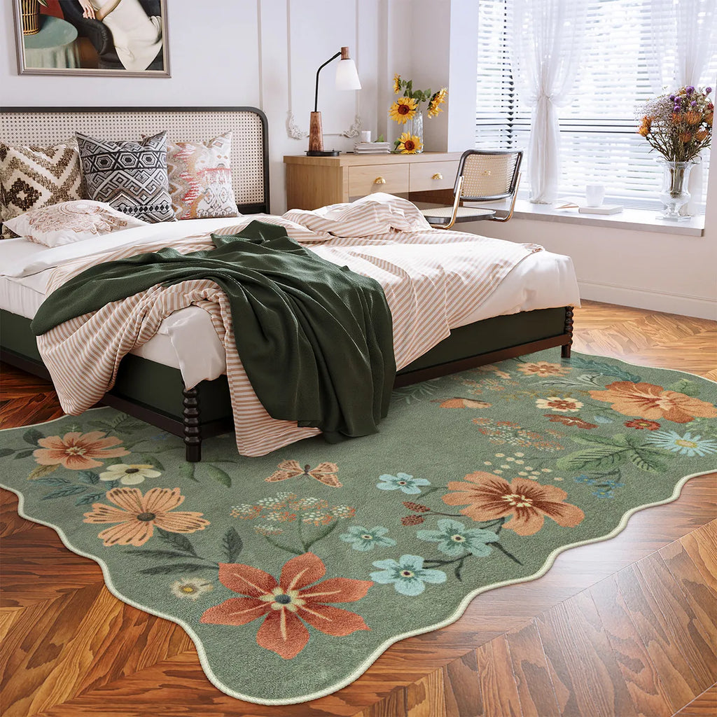 Flore Washable Boho Modern Parisian Floral Scalloped Green Rug