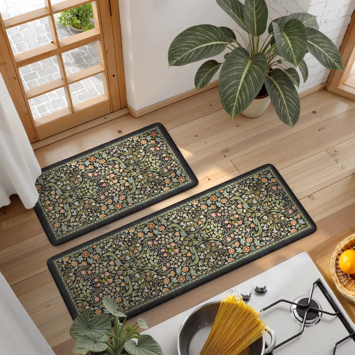 Clarisse Maximalism Floral Black Anti-Fatigue Kitchen Mat Set