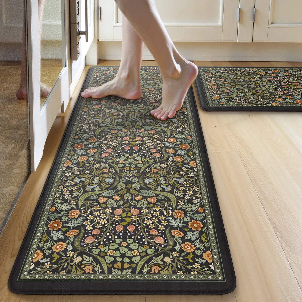 Clarisse Maximalism Floral Black Anti-Fatigue Kitchen Mat Set