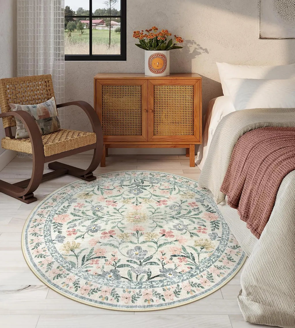 Sylvie Washable Boho Modern Parisian Garden Floral Beige Rug