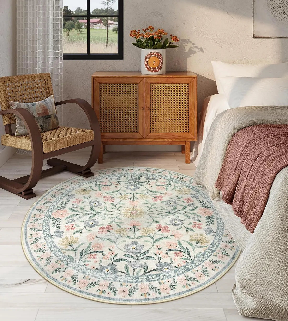Sylvie Washable Boho Modern Parisian Garden Floral Beige Rug