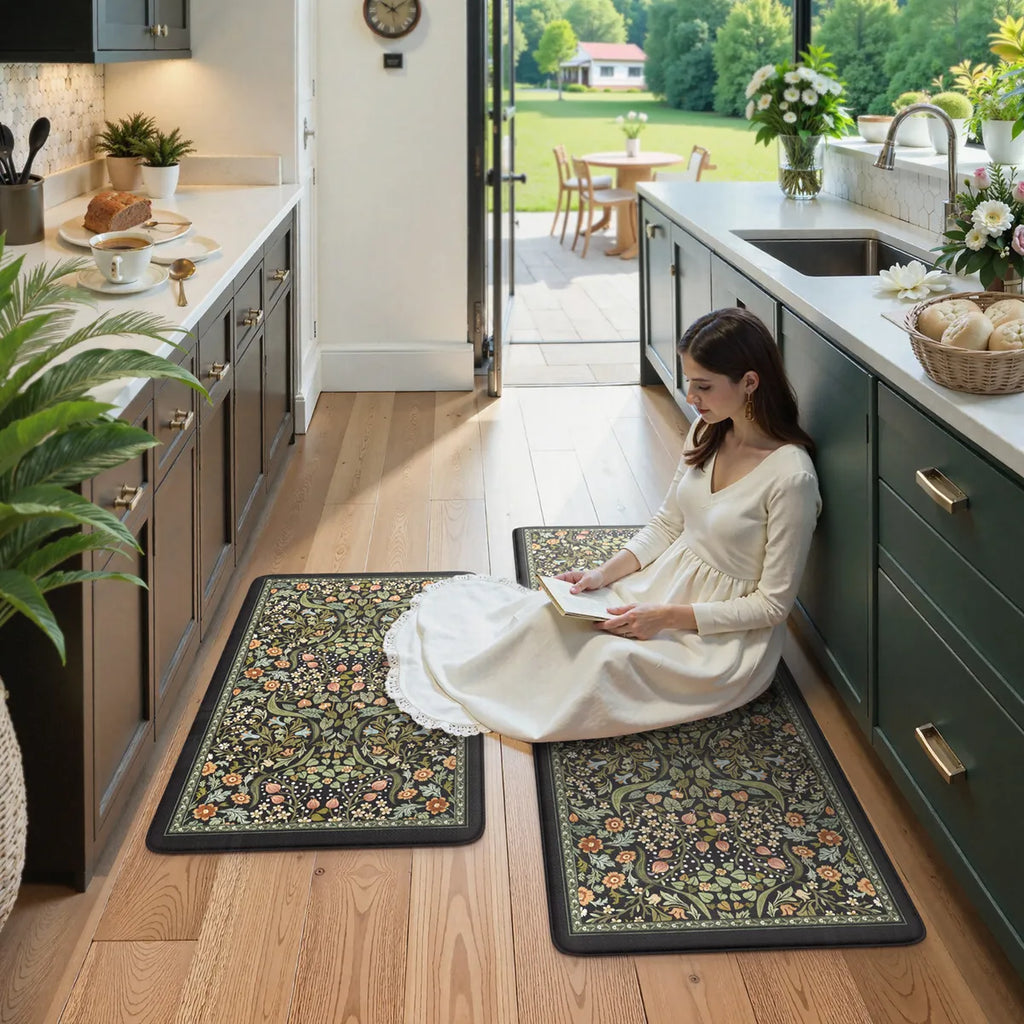 Clarisse Maximalism Floral Black Anti-Fatigue Kitchen Mat Set