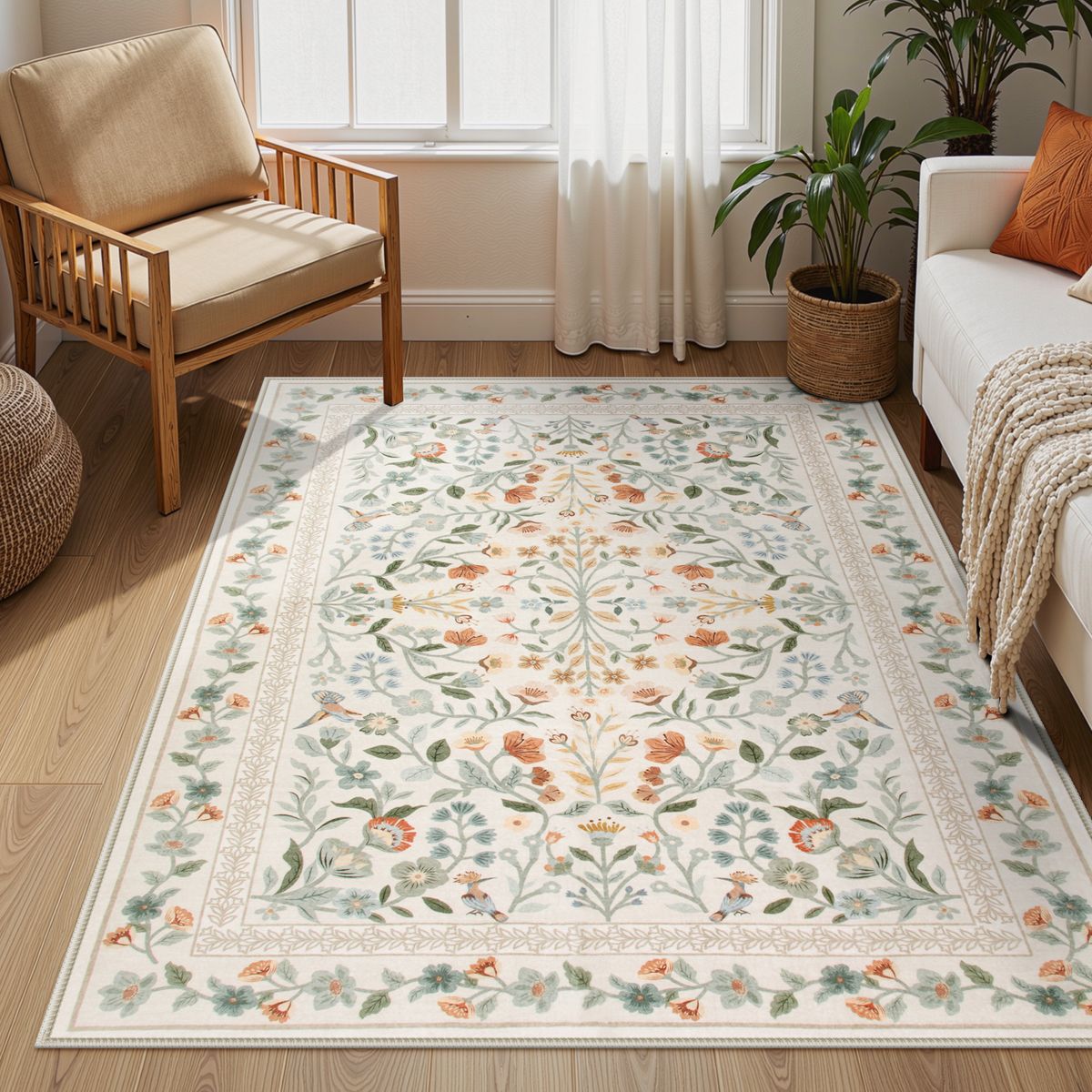 Celeste Washable Vintage Floral Beige Area Rug