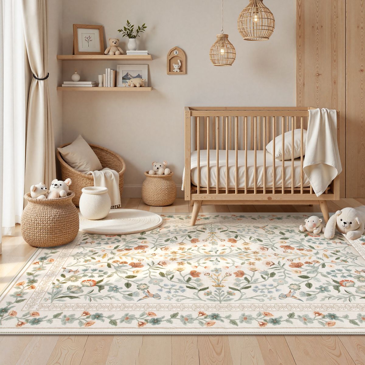 Celeste Washable Vintage Floral Beige Area Rug
