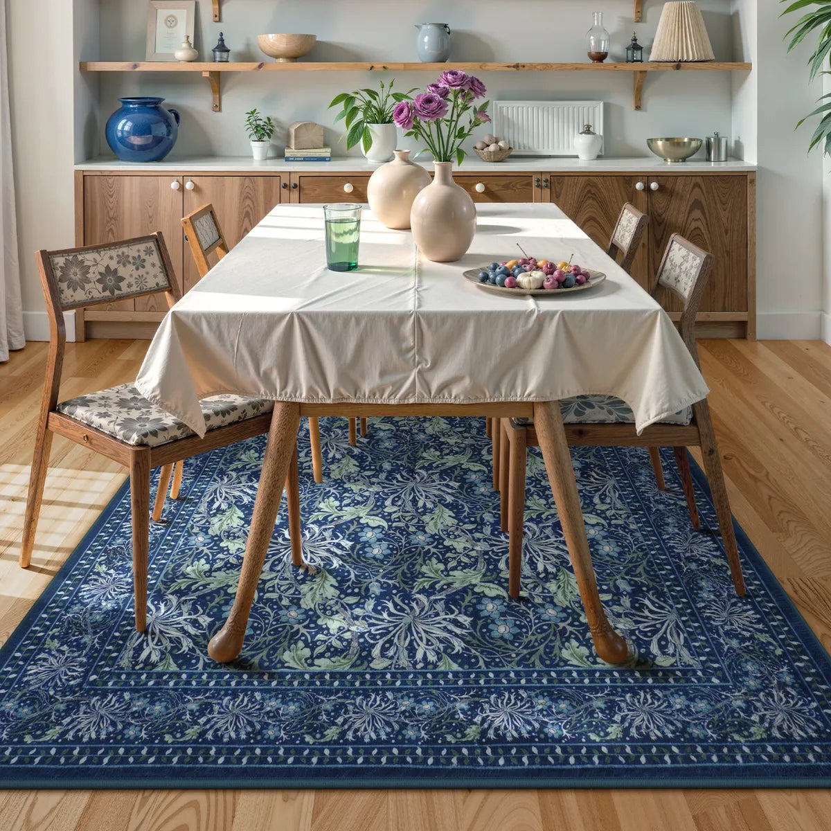 Arbore Washable Boho Vintage Floral Blue Rug
