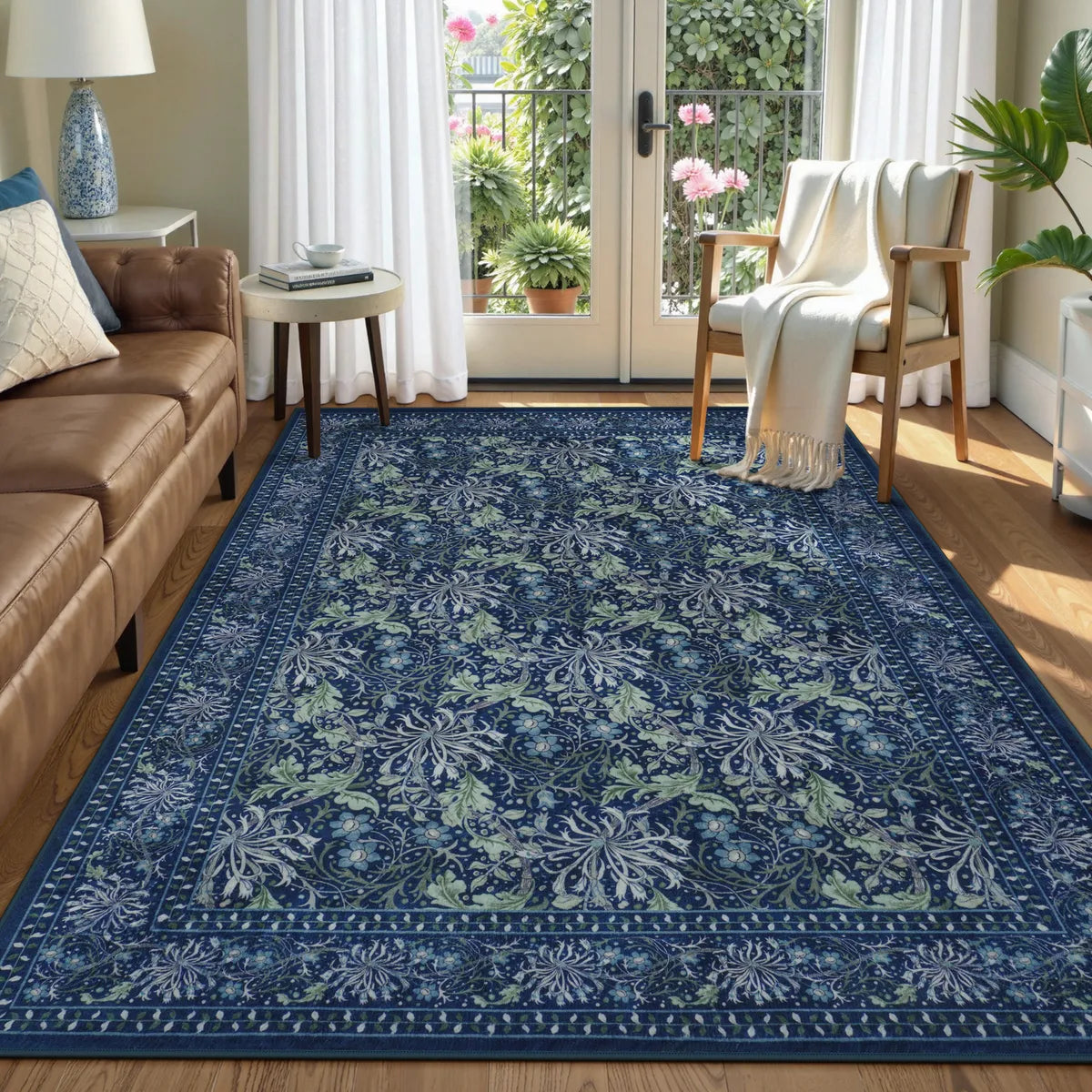 Arbore Washable Boho Vintage Floral Blue Rug