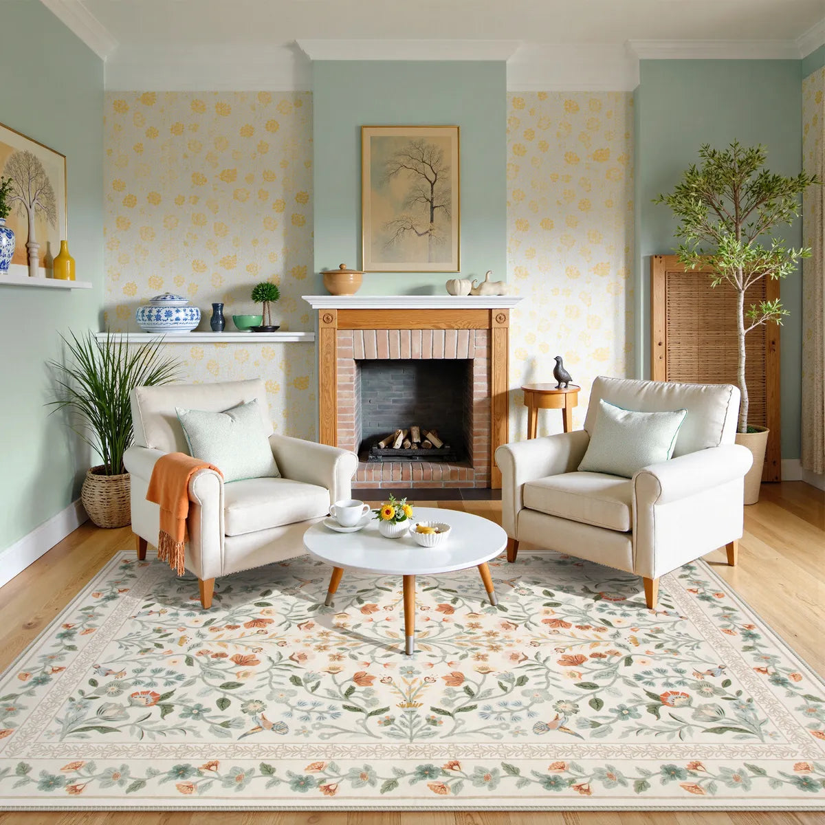 Celeste Washable Vintage Floral Beige Area Rug