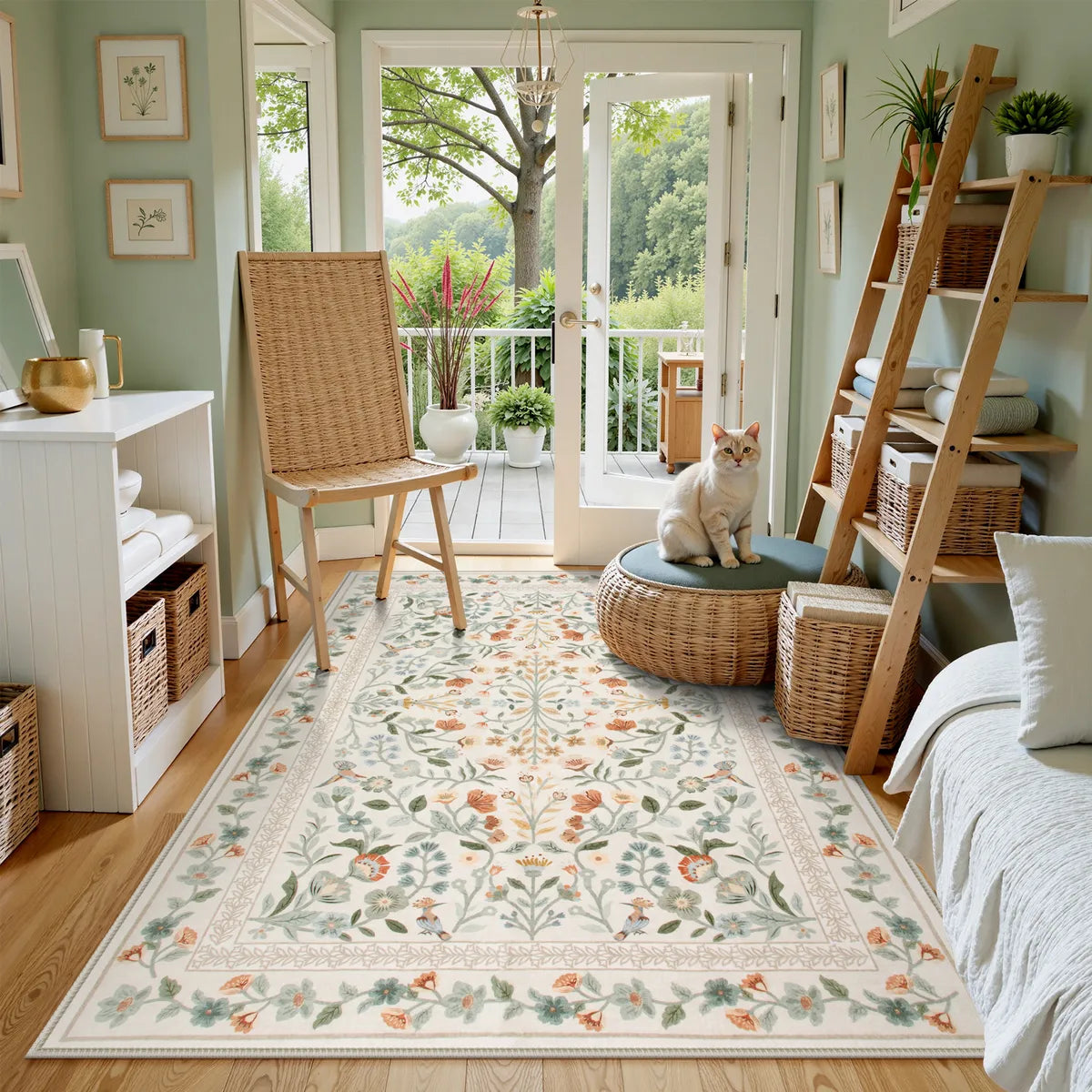 Celeste Washable Vintage Floral Beige Area Rug