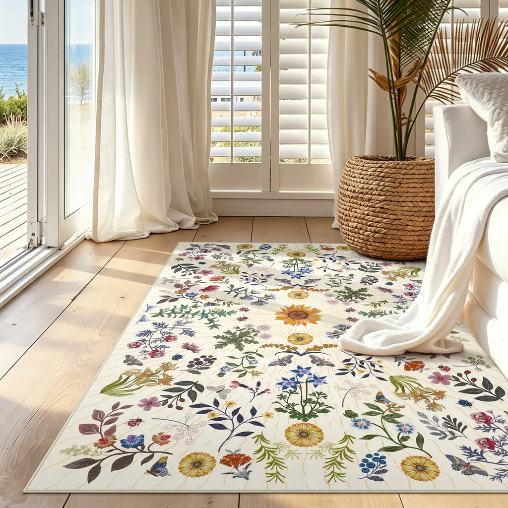 Eclore Washable Boho Botanical Floral Beige Rug
