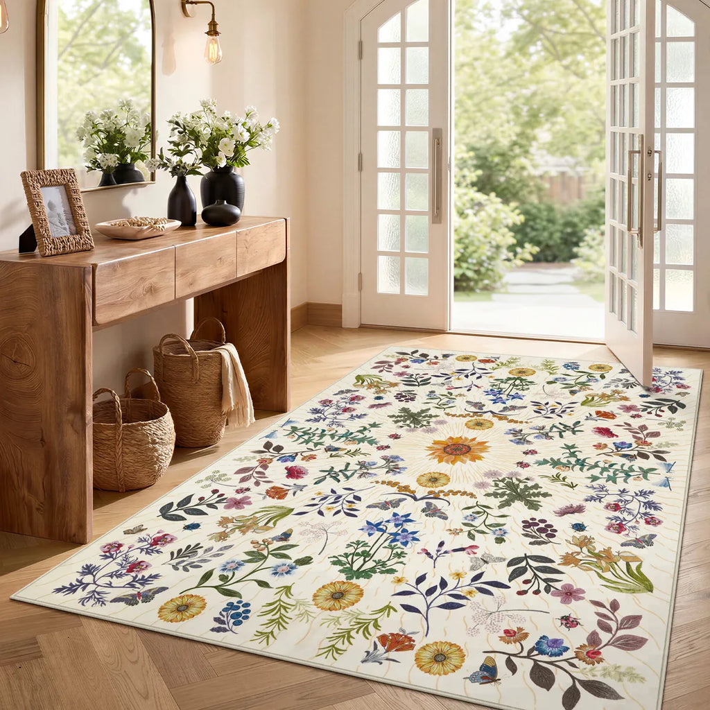 Eclore Washable Boho Botanical Floral Beige Rug