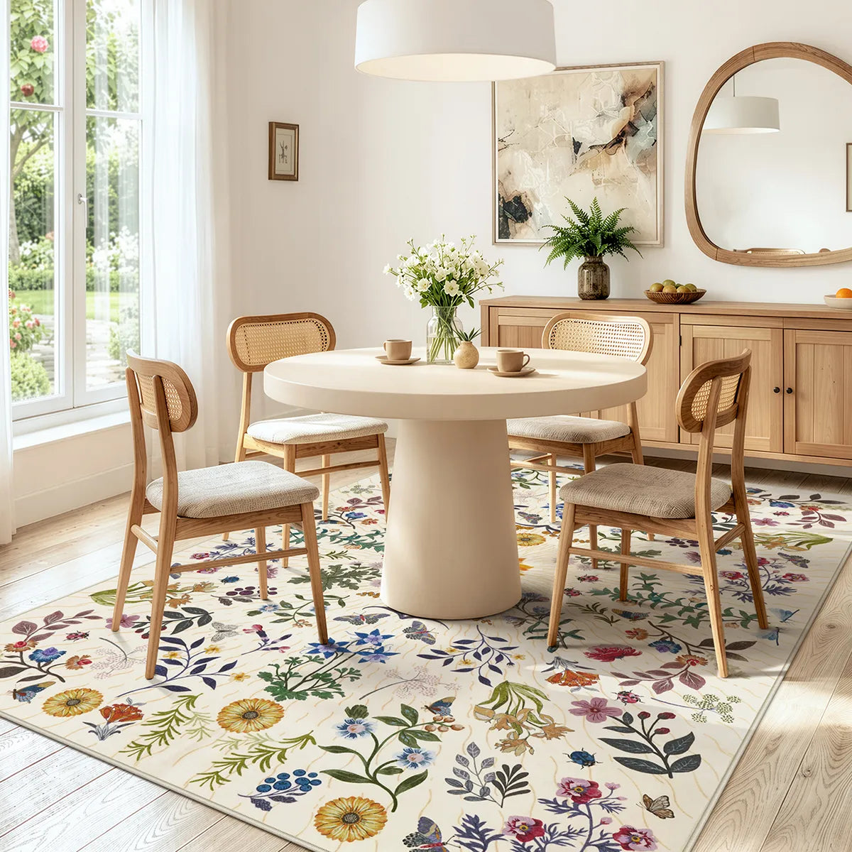 Eclore Washable Boho Botanical Floral Beige Rug