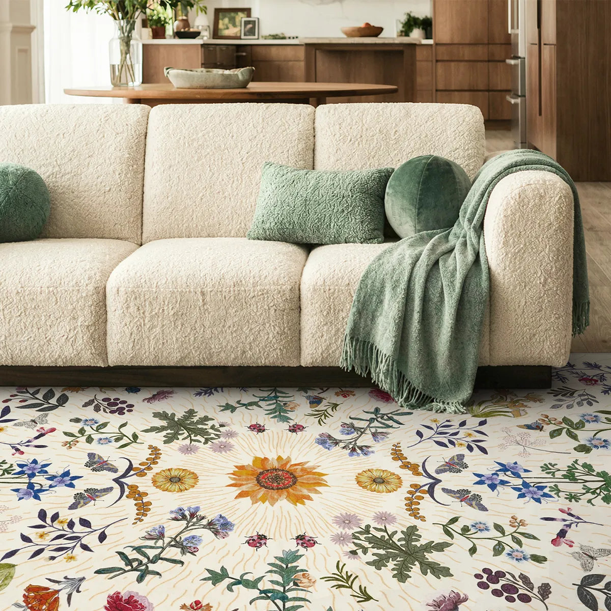 Eclore Washable Boho Botanical Floral Beige Rug