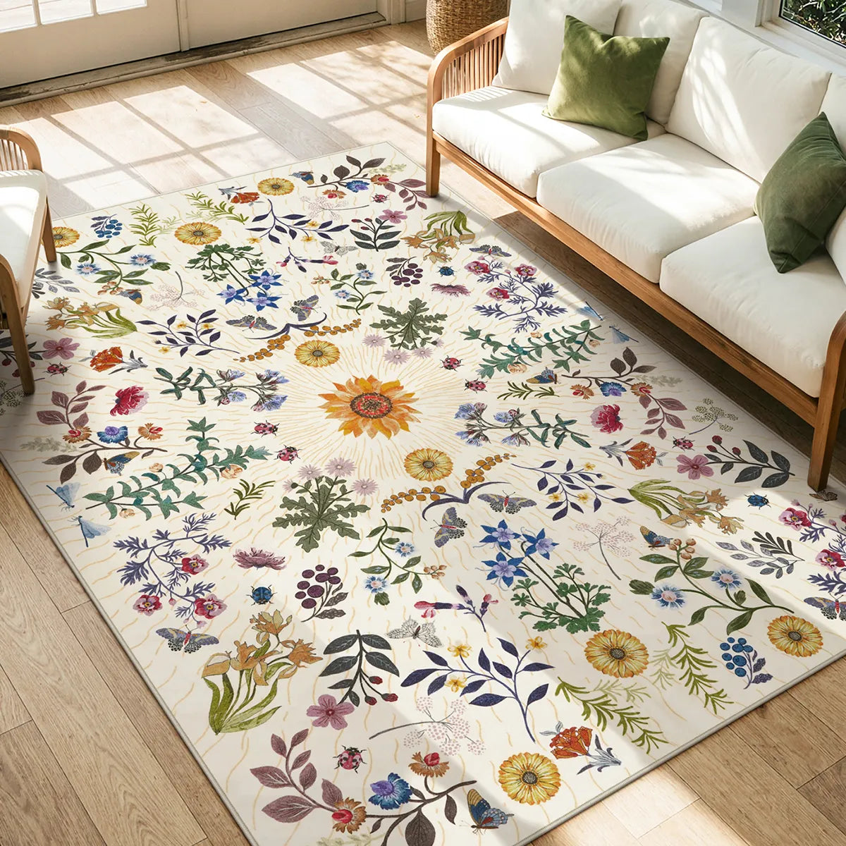 Eclore Washable Boho Botanical Floral Beige Rug
