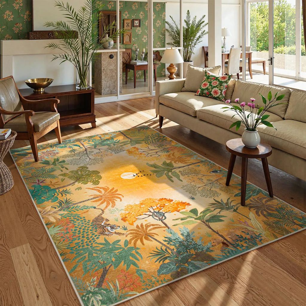 Jolene Washable Jungle Fall Sunrise Orange Area Rug