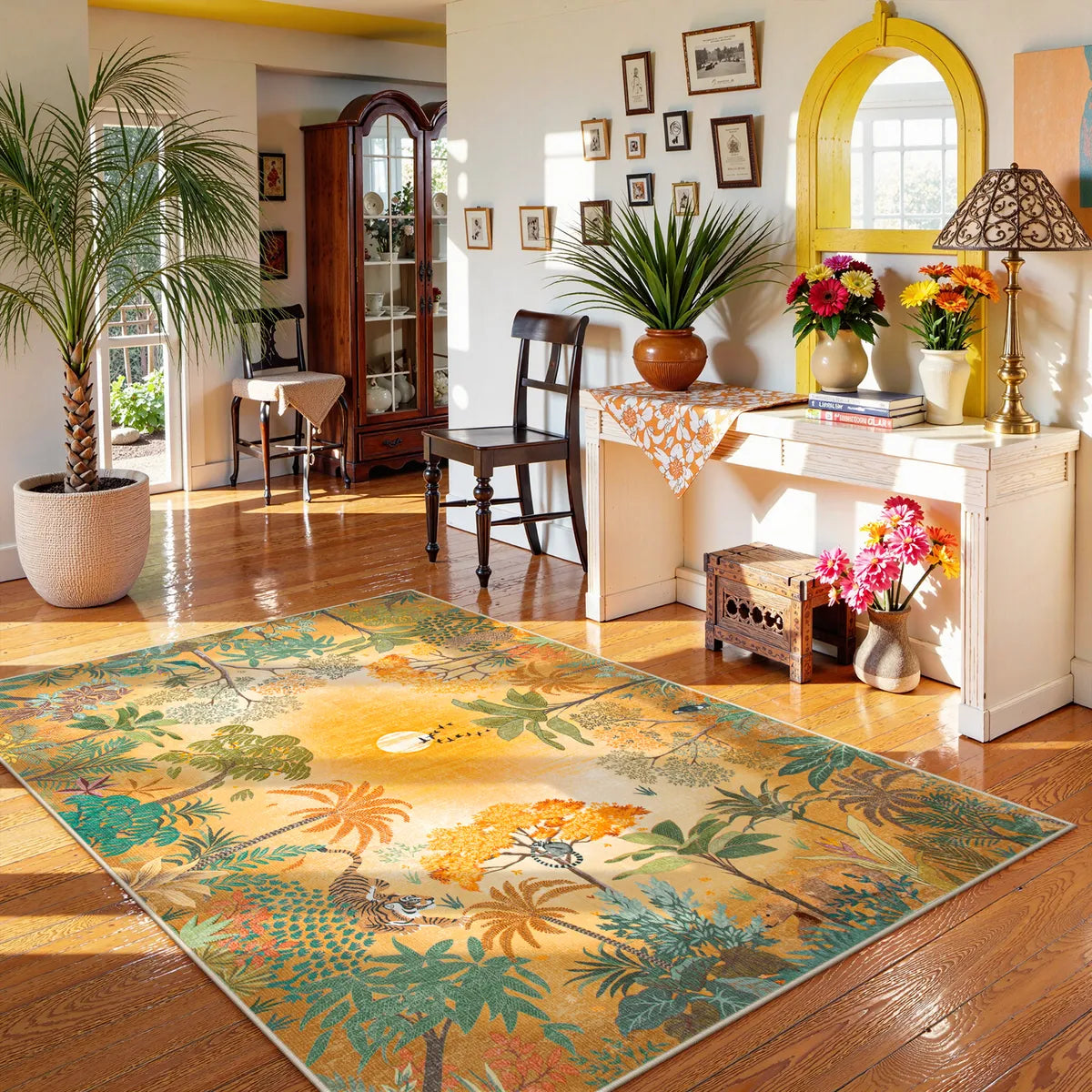 Jolene Washable Jungle Fall Sunrise Orange Area Rug