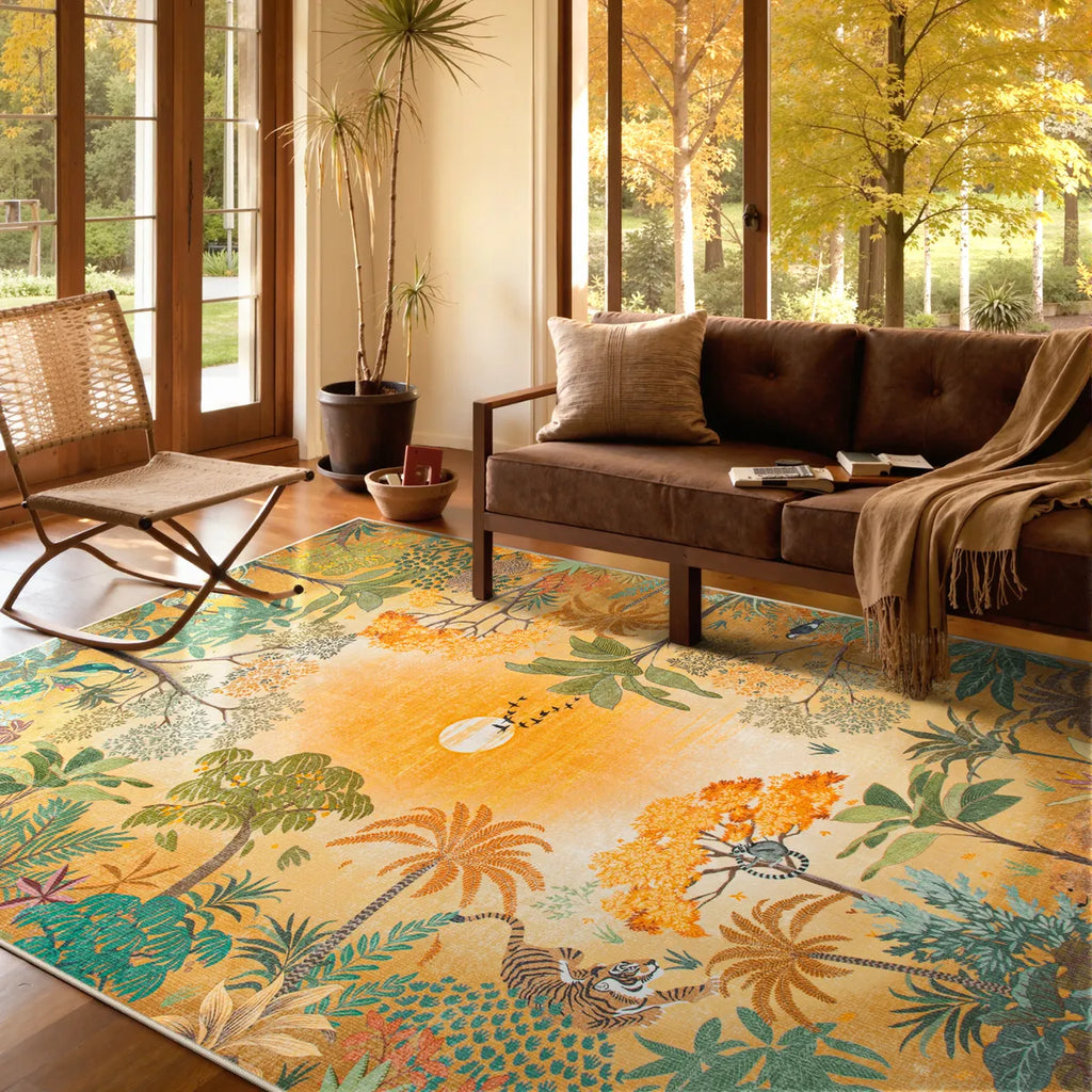 Jolene Washable Jungle Fall Sunrise Orange Area Rug
