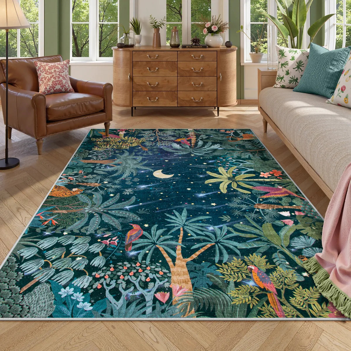 Jovence Washable Jungle Midnight Blue Area Rug
