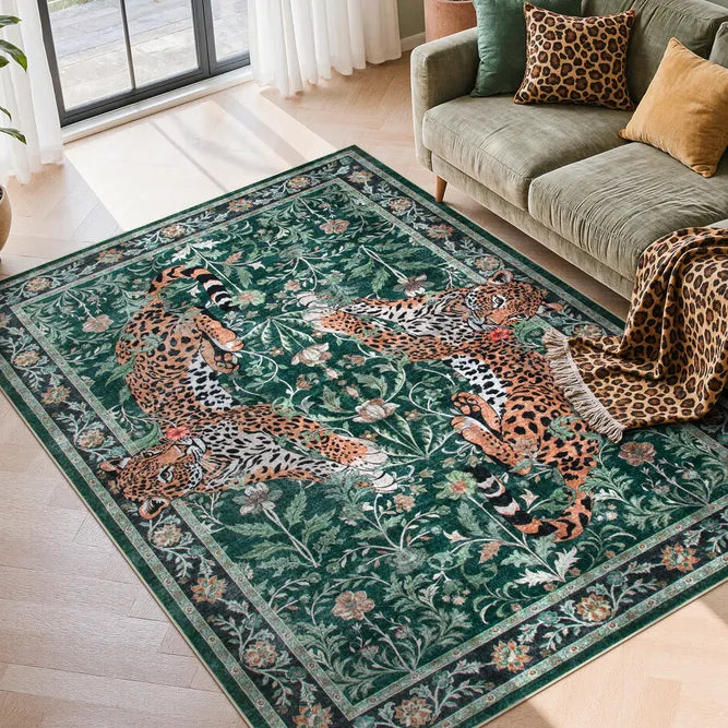 Noirel Washable Vintage Leopard Green Rug