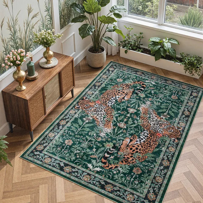 Noirel Washable Vintage Leopard Green Rug