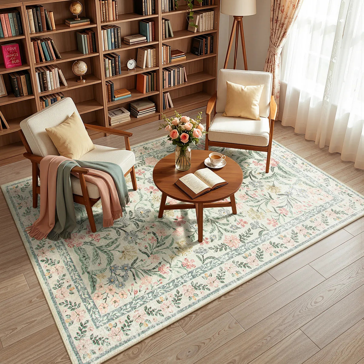 Sylvie Washable Boho Modern Parisian Garden Floral Beige Rug