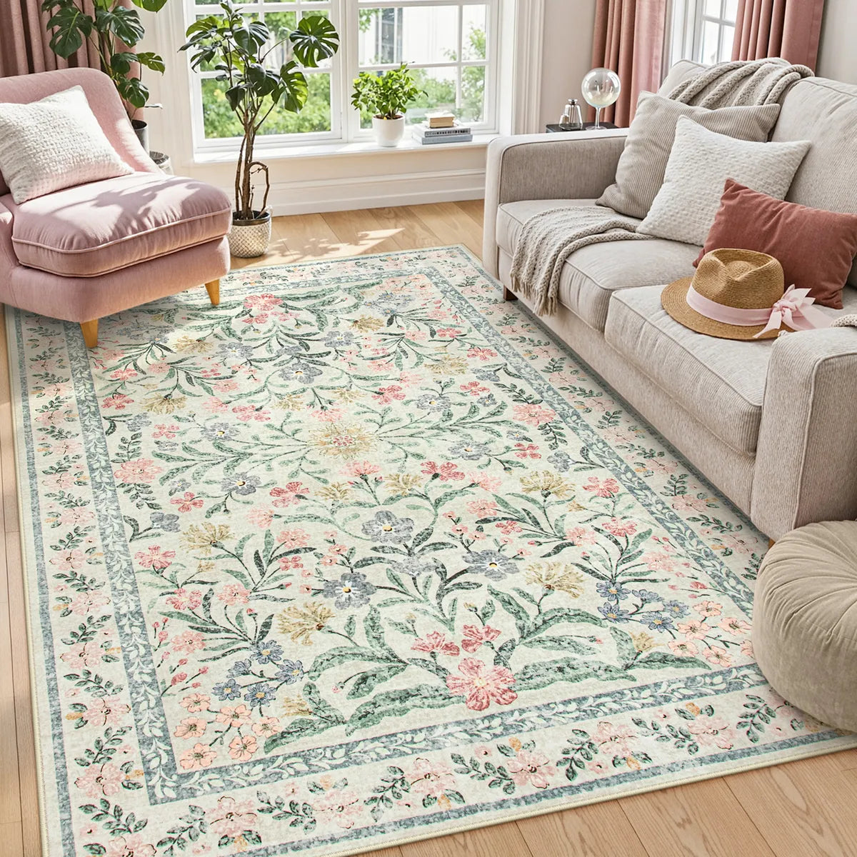 Sylvie Washable Boho Modern Parisian Garden Floral Beige Rug