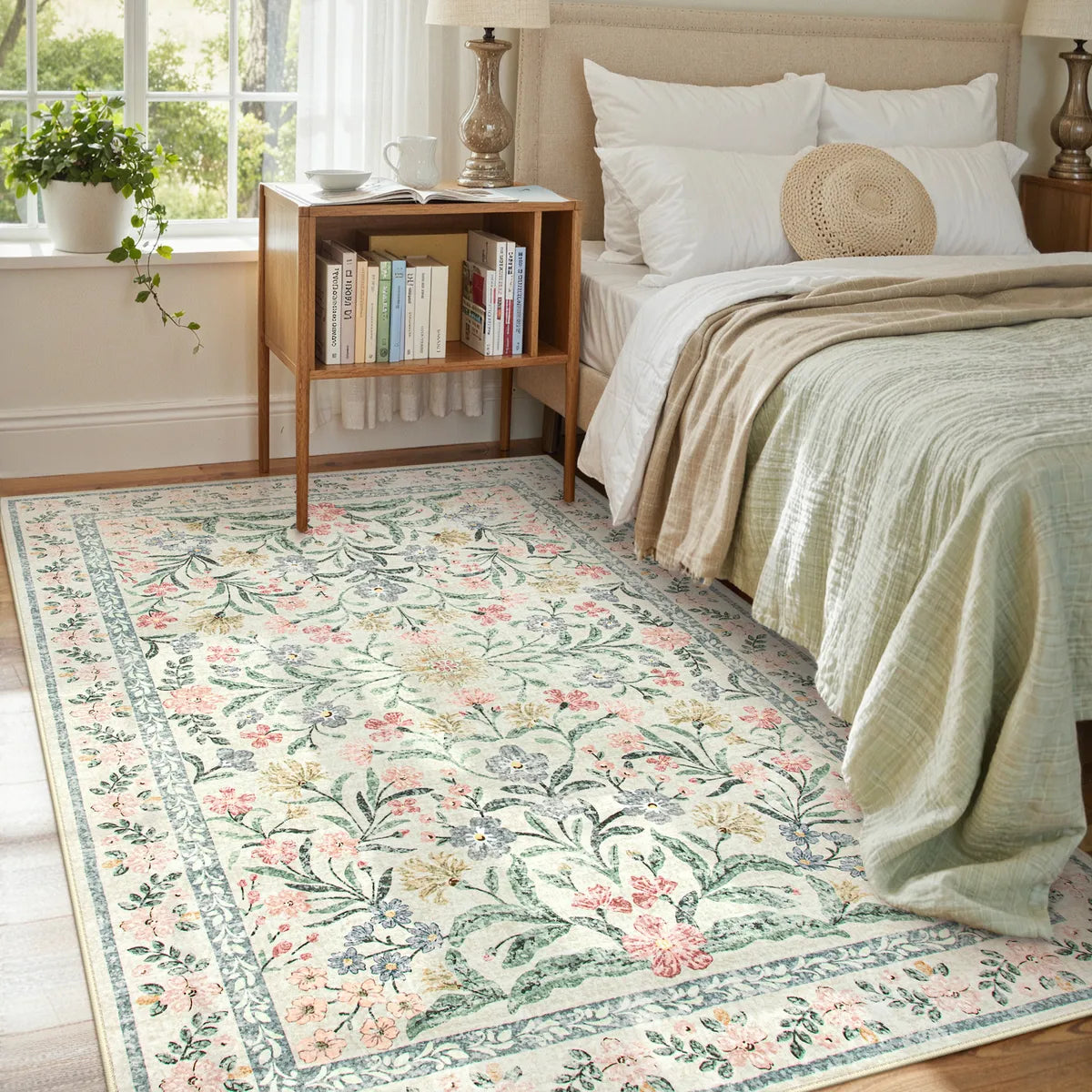 Sylvie Washable Boho Modern Parisian Garden Floral Beige Rug