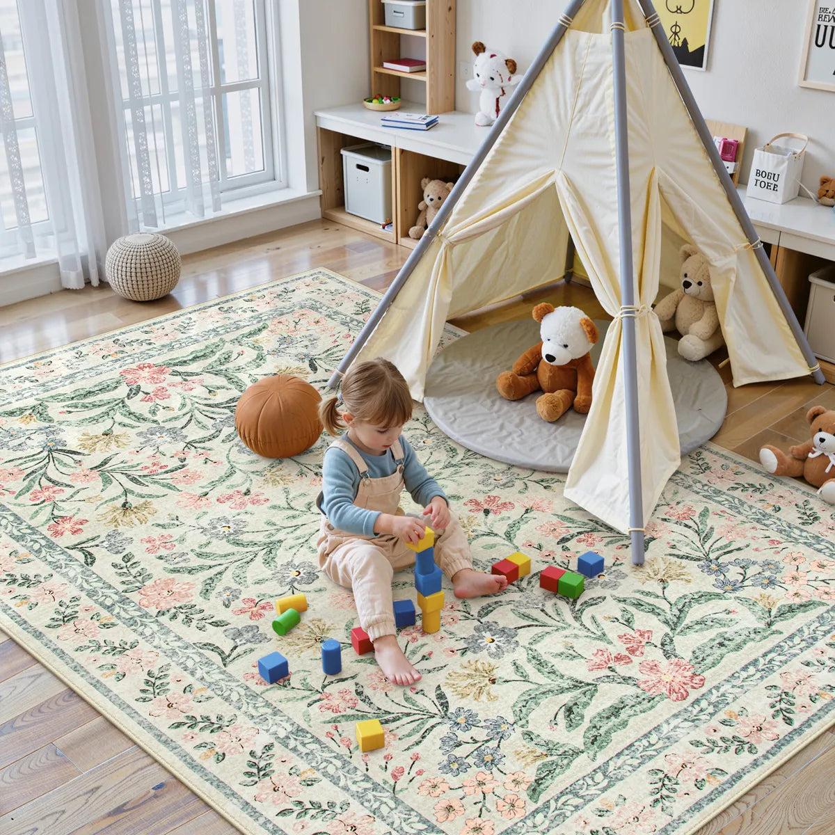 Sylvie Washable Boho Modern Parisian Garden Floral Beige Rug