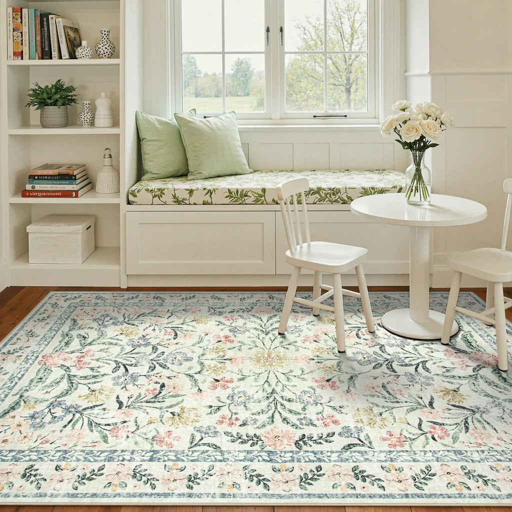 Sylvie Washable Boho Modern Parisian Garden Floral Beige Rug