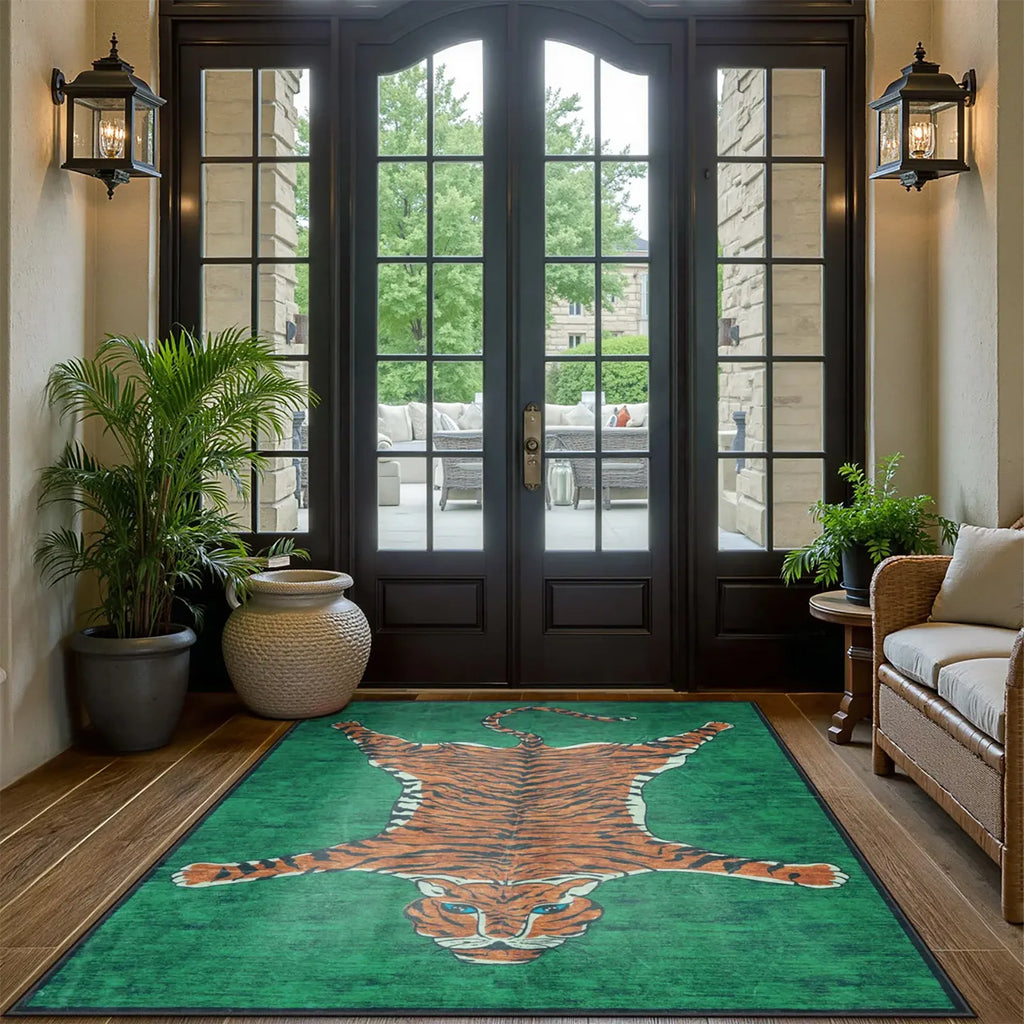 Totem Washable Aesthetic Tiger Green Rug