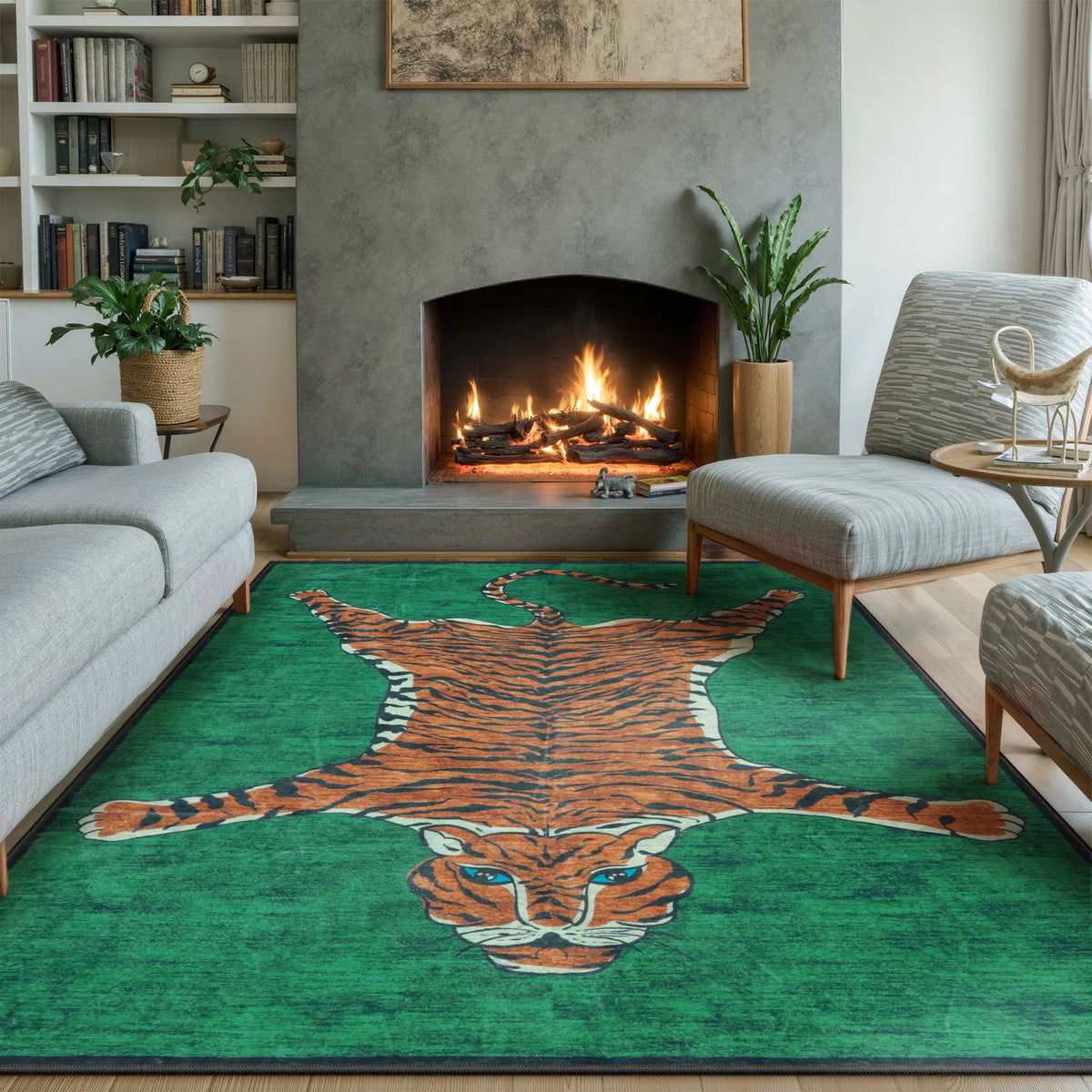 Totem Washable Aesthetic Tiger Green Rug