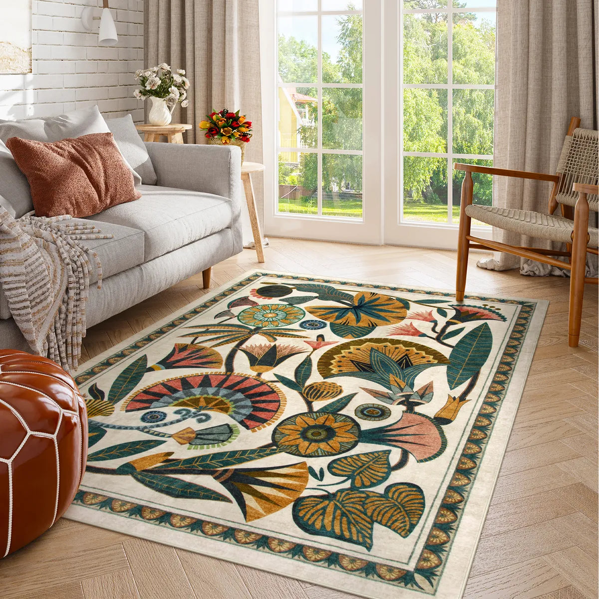 Zaya Washable Egyptian-Inspired Botanical Cream Rug