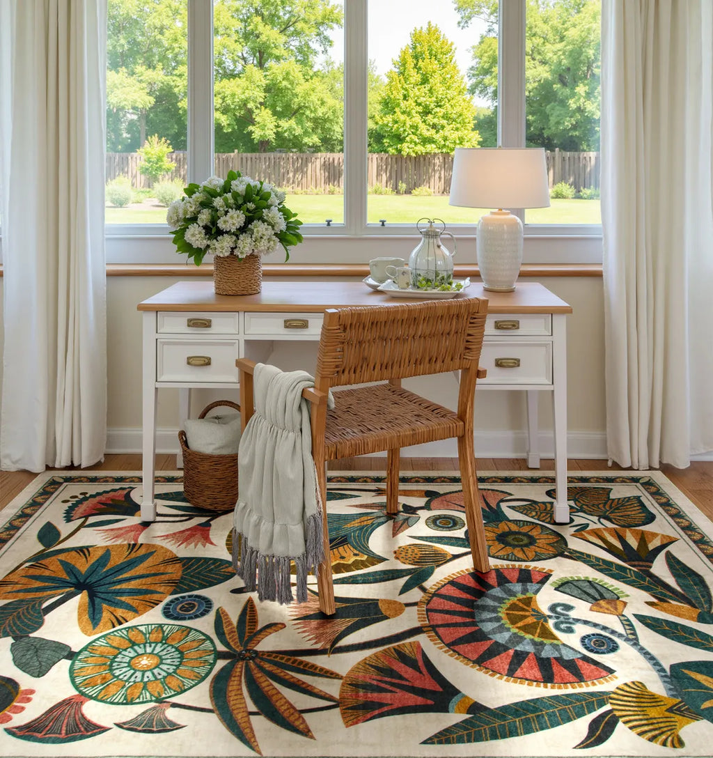 Zaya Washable Egyptian-Inspired Botanical Cream Rug